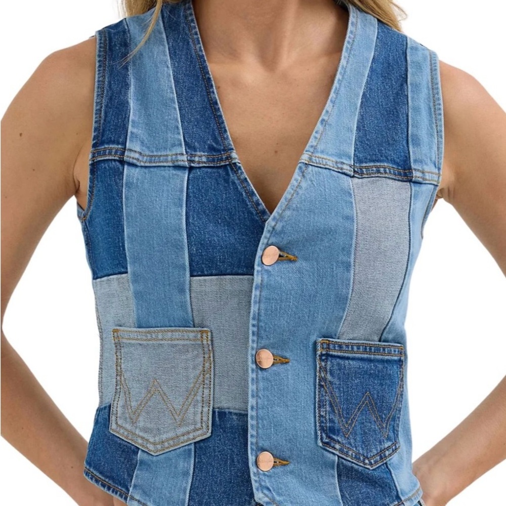 Wrangler x Lainey Wilson Patchwork Vest Blue Denim Women’s Size M